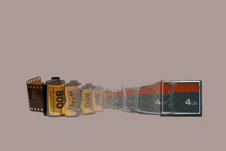 35mm roll film transforming into digital media card with background  copy space