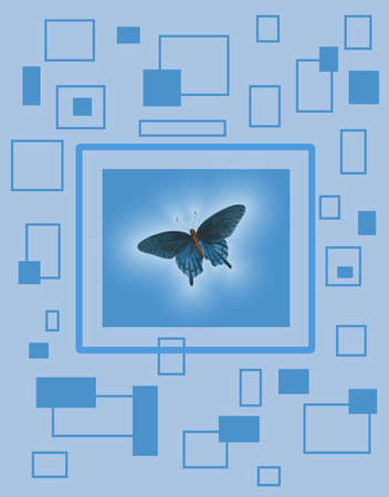 three dimensional looking blue butterfly surrounded by a glowing aura on a blue block print backgroundの写真素材