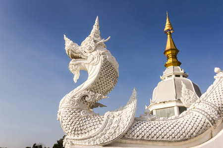 stone serpent king of Nagas near the river in blue skyの写真素材