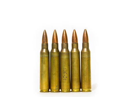 5.56 mm rifle Sizes five shots on a white background.