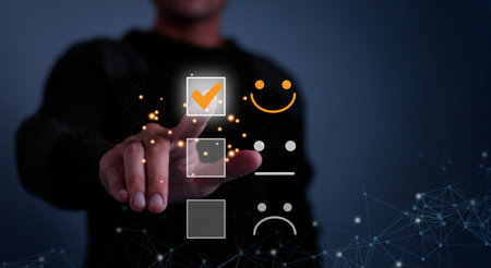 Businessmen choose to rating score happy icons. Customer satisfaction survey concept. Customer service experience and business satisfaction survey concept.の写真素材
