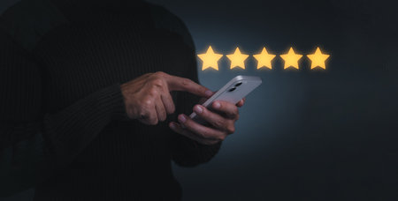 Business concept. Customer man hand pressing on smartphone screen with gold five star rating feedback icon and press level excellent rank for giving best score point to review the service.の写真素材