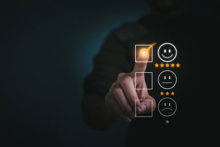 Businessmen choose to rating score happy icons. Customer satisfaction survey concept. Customer service experience and business satisfaction survey concept.の写真素材