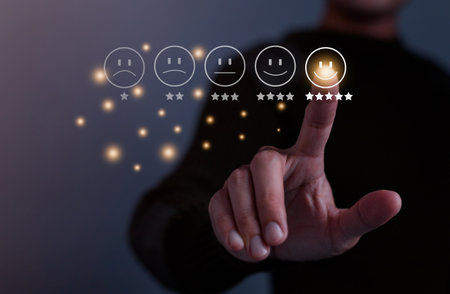 Businessmen choose to rating score happy icons. Customer satisfaction survey concept. Customer service experience and business satisfaction survey concept.の写真素材