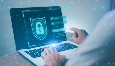 data protection and internet security concept, user typing login and password on computer, secured accessの写真素材