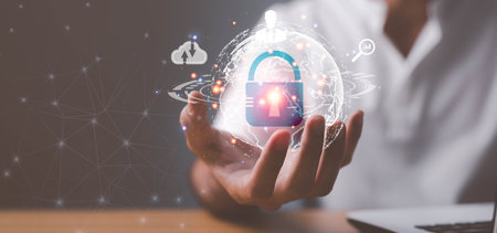Cyber security network. Padlock icon and internet technology networking. Businessman protecting data...