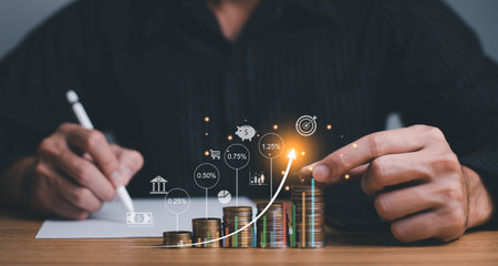 save, saving, planning and strategy, Stock market, Business growth, progress or success concept. Businessman or trader is showing a growing virtual hologram stock graph, invest in fund or trading.の写真素材