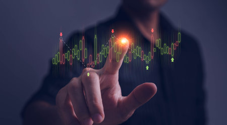 business target planning and strategy, Stock market, Business growth, progress or success concept. Businessman or trader is showing a growing virtual hologram stock, invest in trading.の写真素材