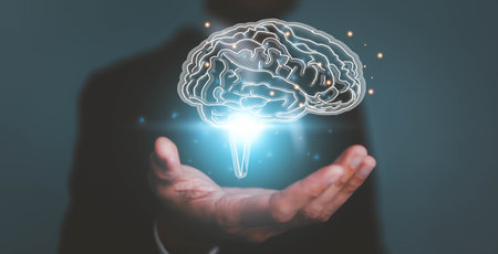 human hand holding brain, Artificial Intelligence, AI Technology, thinking concept.