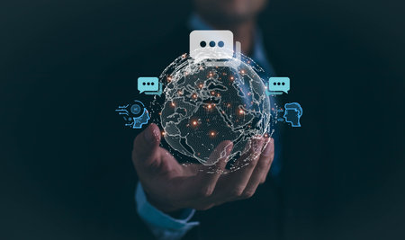 Chat with AI, Artificial Intelligence. Adult man chatting with a smart AI or artificial intelligence...