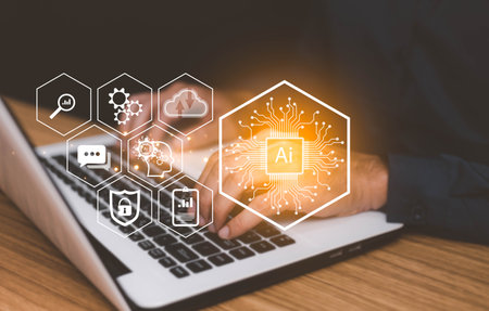 Businessman using laptop with artificial intelligence using service concept, insurance data management, fast solve problem, service, digital transformation, certification, protection, digital application.の写真素材