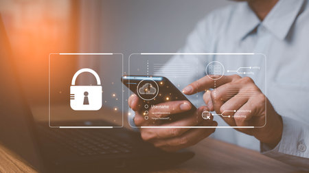 businesswomen protect personal information cybersecurity concept. User authentication system with username and password, global network security technology,の写真素材