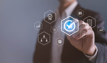 Quality management with QA (assurance), QC (control) and improvement. Standardisation and certification concept. Compliance to regulations and standards. Concept with manager or auditor.の写真素材