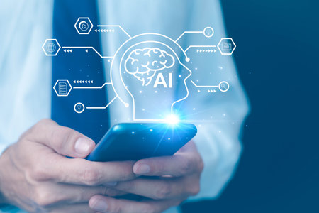 AI Chat concept AI, Artificial Intelligence. businessman using technology smart robot AI, enter command prompt, contact for business information analysis, Futuristic technology transformation.の写真素材