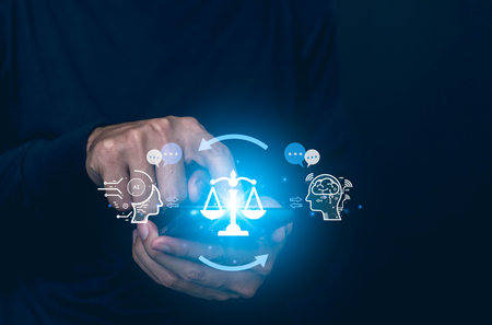 AI ethics or AI Law concept. Developing AI codes of ethics. Compliance, regulation, standard , business policy and responsibility for guarding against unintended bias in machine learning algorithms.の写真素材