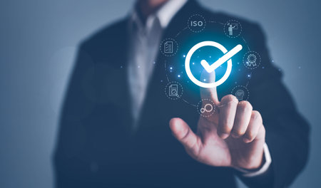 Quality management with Quality Assurance or QA and Quality Control or QC and improvement. Standardization, certification concept. Compliance to regulations and standards. Concept with manager.の写真素材