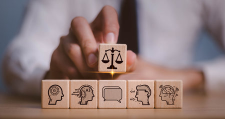 AI ethics or AI Law concept. Developing AI codes of ethics. Compliance, regulation, standard , business policy and responsibility for guarding against unintended bias in machine learning algorithms.の写真素材