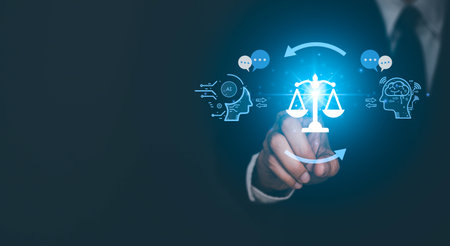 AI ethics or AI Law concept. Developing AI codes of ethics. Compliance, regulation, standard , business policy and responsibility for guarding against unintended bias in machine learning algorithms.の写真素材