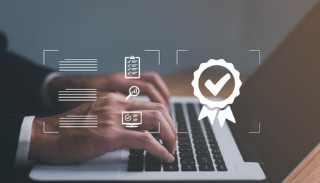 Quality management with Quality Assurance or QA and Quality Control or QC and improvement. Standardization, certification concept. Compliance to regulations and standards. Concept with manager.の写真素材