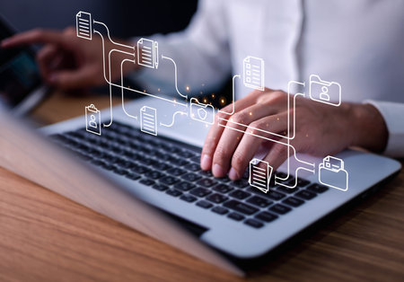 Document Management System concept. Online document file data software for efficient archiving. Enterprise content management, Digital asset management, Document imaging, Workflow, Records management.の写真素材
