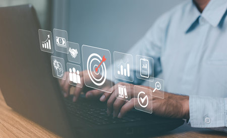Targeting the business concept, target with digital marketing icons on virtual screen internet...