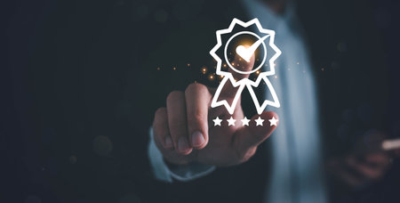 Businessman Hand touching on the sign of the top service the best Quality assurance, Guarantee, Standards, ISO certification and standardization concept. guarantee product and ISO service concept.の写真素材