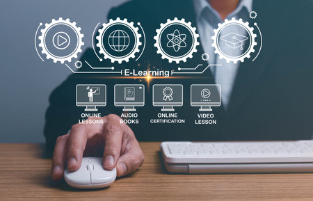 Concept of Online education. man use Online education training and e-learning webinar on internet...