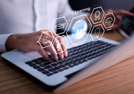Concept of Online education. man use Online education training and e-learning webinar on internet...