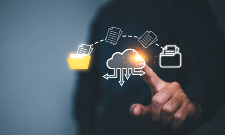 Data transfer through cloud technology Exchange data with modern internet technology that is fast and secure Internal document backup on online databases. Cloud technology. Data storage.の写真素材