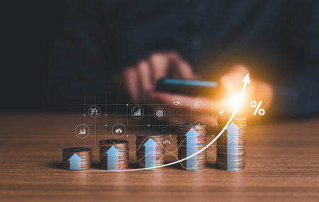 Interest rate and dividend concept, businessman calculating income and return on investment, save, income, return, retirement, compensation fund, investment, dividend tax, stock market, saving, trade.の写真素材