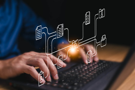 Document Management System concept. Online document file data software for efficient archiving. Enterprise content management, Digital asset management, Document imaging, Workflow, Records management.の写真素材