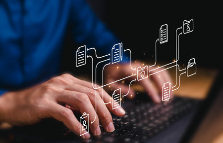 Document Management System concept. Online document file data software for efficient archiving. Enterprise content management, Digital asset management, Document imaging, Workflow, Records management.の写真素材