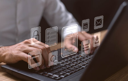 Document Management System concept. Online document file data software for efficient archiving. Enterprise content management, Digital asset management, Document imaging, Workflow, Records management.の写真素材