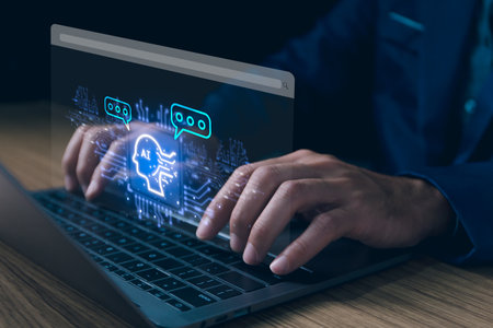 AI generated artificial intelligence chatbot, humans use AI technology enter command prompt for generate, Business person chatting with a smart bot developed, Futuristic technology transformation.の写真素材