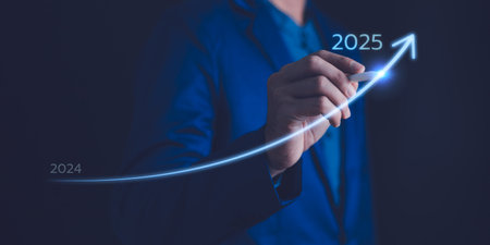 2025 Business development to success and growing growth concept, 2024 to 2025 growth. Businessman pointing arrow graph corporate future growth plan.の写真素材