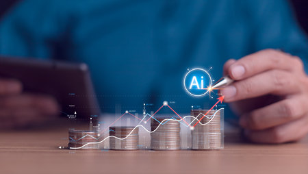 A hand holding a pen pointing at a stack of coins, representing financial decision-making and fintech concept. Suitable for topics like smart investing, digital finance, and business technology.の写真素材