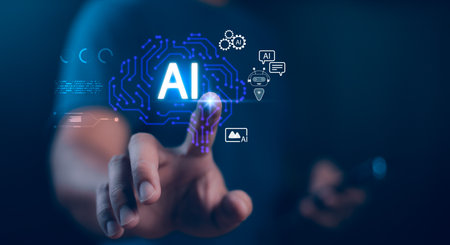 Businessman use finger touch a virtual screen, AI circuit board brain connected to automation, chatbot, and Generative AI. Concept of artificial intelligence technology and digital transformation.の写真素材