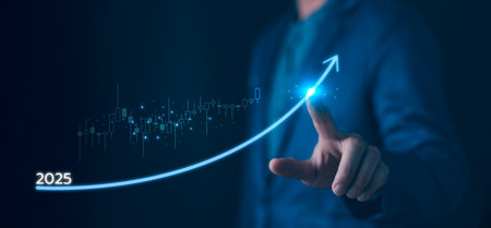 Driving business growth for 2025. Hand touches a glowing arrow symbolizing exponential investment...