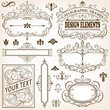 Set of calligraphic frames and design elements vector illustration.のイラスト素材