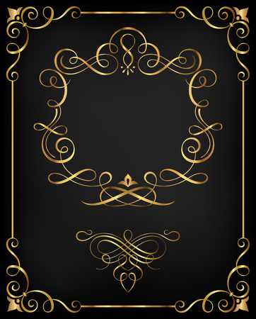 Calligraphic frame and ornate scroll elements vector illustration.Saved in file with all separated elements. Well constructed  for easy editing. Hi-res jpeg file included (4021x5000).のイラスト素材