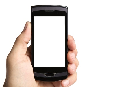 Hand holding blank mobile phoneの写真素材