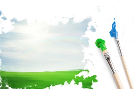 Unfinished painting of summer landscape with copy spaceの写真素材