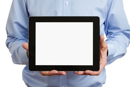 Man holding blank digital tablet with clipping path for the screen