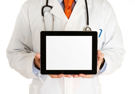 Doctor holding blank digital tablet with clipping path for the screenの写真素材