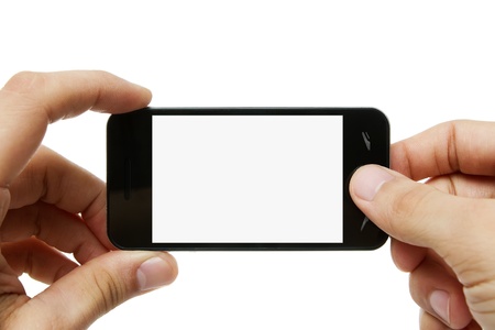 Taking picture with mobile phone with clipping path for the screenの写真素材