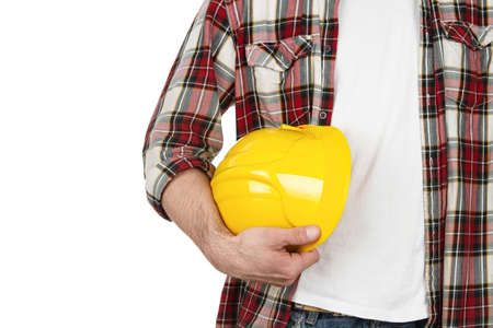 Construction worker with hard hat isolated on white background