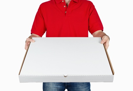 Pizza delivery isolated on white backgroundの写真素材