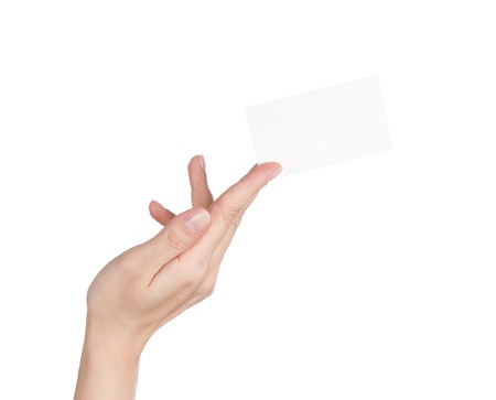 Woman holding blank business card isolated on white backgroundの写真素材