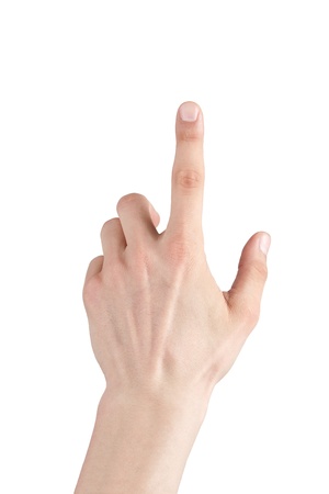 Human hand pointing or touching screen isolated on white backgroundの写真素材