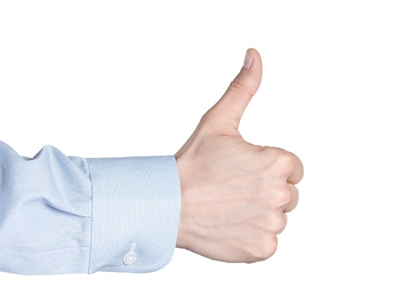 Male hand gesturing thumbs up or like, isolated on white backgroundの写真素材